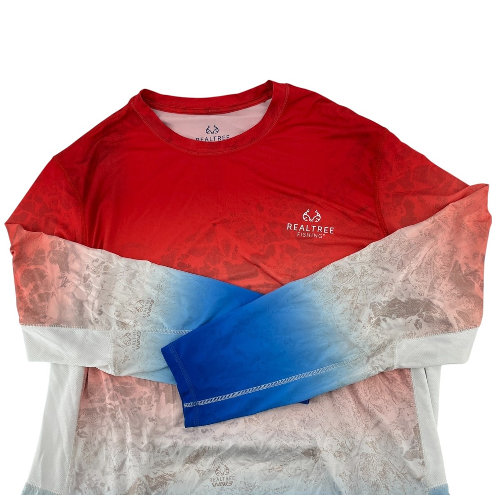 Realtree Fishing Long Sleeve T-Shirt Men's XL Red White Blue Gradient Ombre